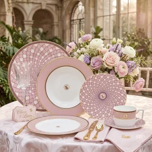 Luxury Pink Porcelain Dinnerware Set Real Gold Rim Bone China Wedding Tableware Swan Logo Palace Ceramic Plate Bowl Set
