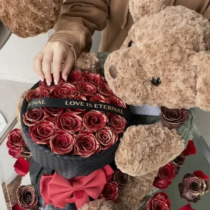 Luxury Preserved Real Rose Bouquet Immortal Everlasting Flower Big Bear Hugging Roses Eternal Flower Valentine’s Day Gift