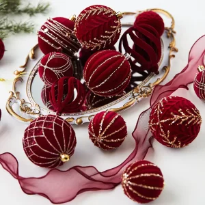 Luxury Red Flocking Velvet Ball Set Christmas Decor Home Xmas Fabric Baubles Happy New Year Foam Ball Ornaments