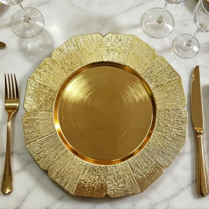 Luxury Sunburst Textured Gold Silver Shatterproof Customized Flower Charger Plates Wedding Festival Party