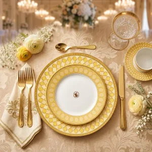 Luxury Yellow Porcelain Dinnerware Set Real Gold Rim Bone China Wedding Tableware Swan Logo Palace Ceramic Plate Bowl Set