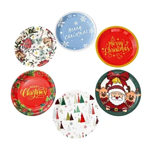 MERRY CHRISTMAS Theme Disposable Circular Paper Plate Set Snowflake Deer Bell Party Christmas Tree Printing Tableware Decoration