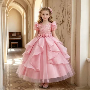 MZ081 Custom Long Lace Layered Tulle Kids Princess Party Dress With Floral Appliques For Flower Girl Wedding Celebration