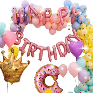 Macaron Latex Balloon Arch Kit with Donut Shaped Aluminum Foil Balloons for Girls’ Birthday Party Decoration