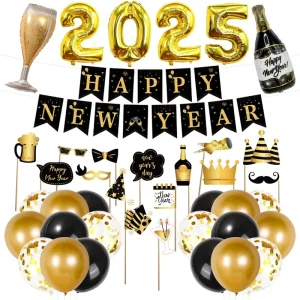 Magic Lights New Year Celebration Set Elegant Black and Gold Balloons and Banners Party Decoration Supplies