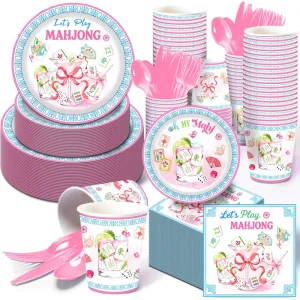 Mahjong Party Supplies Paper Plates Cups Napkins Disposable Tableware Set for Mah Jong Game Birthday Party Decorations