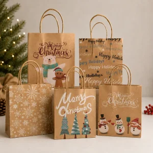 Manufacturer Christmas Kraft Paper Gift Bags Thick Eco Friendly Reusable Custom Paper Bags for Gifts Candy for Holiday Packaging
