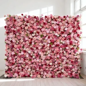 Manufacturer Decorative Blush Pink Rose Wall Rolled up Ceremony Events Artificial Flower Backdrop Stand Wedding