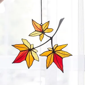 Maple Leaf Art Deco Stained Glass Suncatcher Canada Day Symbol Fall Home Decor for Women & Girls