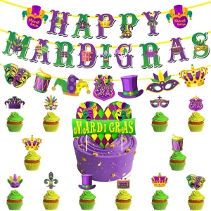 Mardi Gras Brazilian Carnival Celebration Set Paper Banner Cake Topper Balloon for Holiday Parties