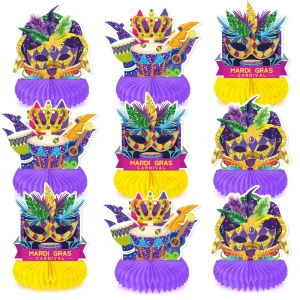 Mardi Gras Honeycomb Table Centerpieces Toppers Carnival Decorations Hanging Paper Fans for Masquerade Party Supplies