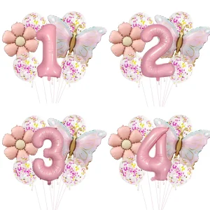 Butterfly Flower Number 1 4 Balloons Gradient Pastel Pink Butterfly Foil Balloon for Baby Shower Birthday Party Decor Supplies