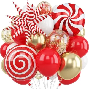 Matte Red Metal Gold Latex Christmas Balloon Set Explosion Star Candy Lollipop Foil Balloon Xmas Party Decoration