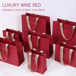 Matte Wine Red Paper Bag with Ribbon Bow Handle Custom Logo Luxury Holiday Gift Bags