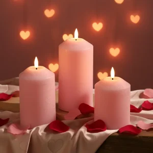 Matti’s Valentine’s Day Remote Control Paraffin Wax 3D Flame Pink Pillar LED Candle For Home Decor & Weddings