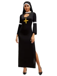 Medieval Nun Cosplay Costume for Women Black Suit with Hat and Necklace for Halloween Performance Wear