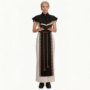 Medieval Nun Costume for Women Religious Sister Gown Black White Tunic Scapular Embroidered Gold Trim Halloween Suit