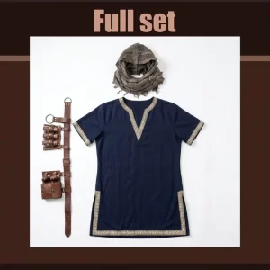 Medieval Tunic Full Set LARP Renaissance Costume Hooded Scarf Leather Belt Potion Bottle Pouch Halloween Cosplay Outfit for Men