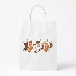 Medium Capacity Recycled White Kraft Paper Bags Full Christmas Cartoon Print Tote Bags for Large Holiday Event Wrapping