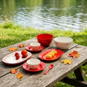 Melamine Plate Tableware with White Red Bowknot Design for Dining BBQs Picnics Weddings Everyday Meals