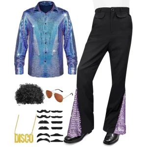 Men 60s 70s Hippie Halloween Costume for Adults Men’s Disco Singer Dance Shiny Outfit Bell Bottom Flared Trouser Game Costumes