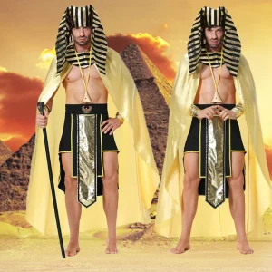 Men Egyptian Pharaoh Costume Ancient King Outfit Gold Cape Nemes Headpiece Scepter Stage Performance Wear