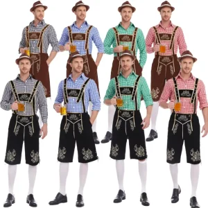 Men Oktoberfest Beer Costume Plaid Shirt Embroidered Suspender Shorts Hat Three Piece Set Multi Color