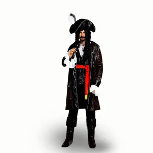 Men Retro Sea Captain Costume Set Faux Leather Long Jacket with Matching Hat and Wig for Stage Performance