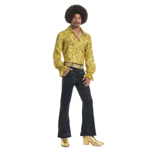 Men’s Adult Costume Hippie Vintage Long Sleeve Shirt Polyester Yellow Psychedelic Swirl Print Halloween Music Festival