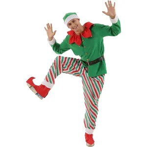 Men’s Adult Festival Green Elf Costume Top Pants Suit with Hat for New Year Christmas Outfit
