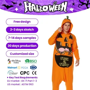 Men’s Adult Hooded Jack O Lantern Pumpkin Print Polyester Halloween Costume Jumpsuit