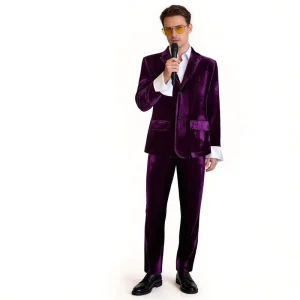 Mens Purple Vintage Suit Set Host Speaker Performance Attire Halloween European American Disco Costume Velvet Blazer