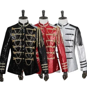 Mens Sequin Stage Jacket With Tassel Chain Decor Nightclub Dj Host Party Singer Performance Outfit