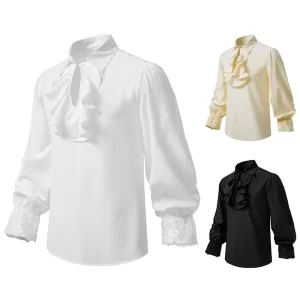 Men’s White Ruffled Pirate Shirt Vintage Renaissance Victorian Steampunk Vampire Costume Blouse for Halloween Party Cosplay