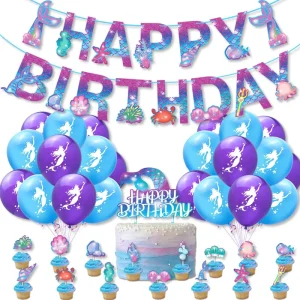 Mermaid Birthday Party Decoration Set Ocean Theme Birthday Pull Flag Cake Top Hat Balloon Kids Party Decoration Supplies