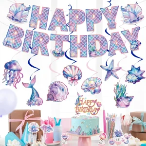 Mermaid Garland Birthday Party Decor with Banner Bunting Cake Topper for Party Decoration Set