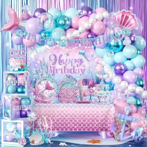 Mermaid Party Decorations Include Balloon Garland Arch Tablecloth Cake Topper Tableware for Under the Sea Party