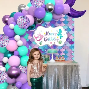 Mermaid Party Supplies Happy Birthday Polyester Backdrop for Kids Birthday Decoration Party Supplies Gift for Girls