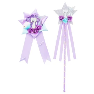Mermaid Princess Birthday Badge and Star Wand Set Glitter Number Party Dress Up Accessories for Kids