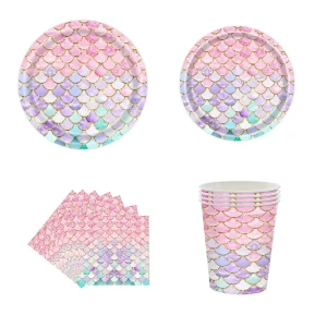 Mermaid Theme Mother’s Day Thanksgiving Birthday Valentine’s Day Diwali Party Disposable Paper Tableware Set Pink Fish Scale