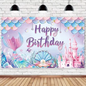 Mermaid Themed Happy Birthday Backdrop Banner Pink Castle Photo Background for Girls’ Mermaid Birthday Party Decorations