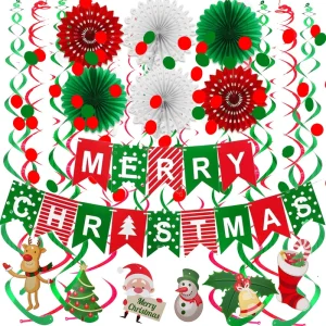 Merry Christmas Banner Swirl Streamers Paper Fan Flower Circle Confetti Dots Hanging Garland Snowman Party Decorations