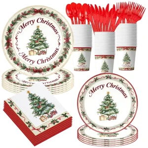 Merry Christmas Disposable Tableware Kit Retro Watercolor Xmas Tree Paper Plates Cups Napkins Holiday Party Supplies