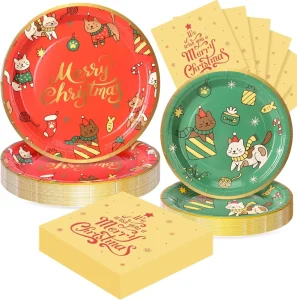 Merry Christmas Disposable Tableware Set Plates and Napkins for Party Decorations Cats Themed Christmas Plates for Xmas Party