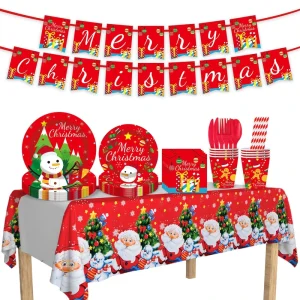 Merry Christmas Disposable Tableware Set Santa Snowman Paper Plates Cups Napkins Tablecloth Banner Xmas Party Decor