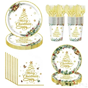 Merry Christmas Disposable Tableware Supplies Green Gold Christmas Tree Plates and Napkins for Xmas Party Decorations
