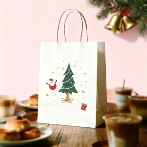 Merry Christmas Festive Kraft Paper Gift Bag Set with Packaging Sticker for Holiday Gift Wrapping