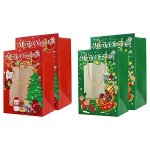 Merry Christmas Gift Treat Packaging Recycled Paperboard Bags Window Drawstring Handle Xmas Party Favor Goodie Present Wrapping