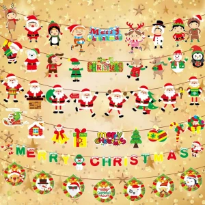 Merry Christmas Hanging Banner Cartoon Santa Claus Snowman Paper Bunting Garland Indoor Outdoor Xmas Party Wall Hanging Decor