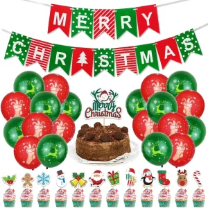 Merry Christmas Hanging Flag Banner Birthday Cake Flag Foil Christmas Balloon Set for Festive Party Decorations